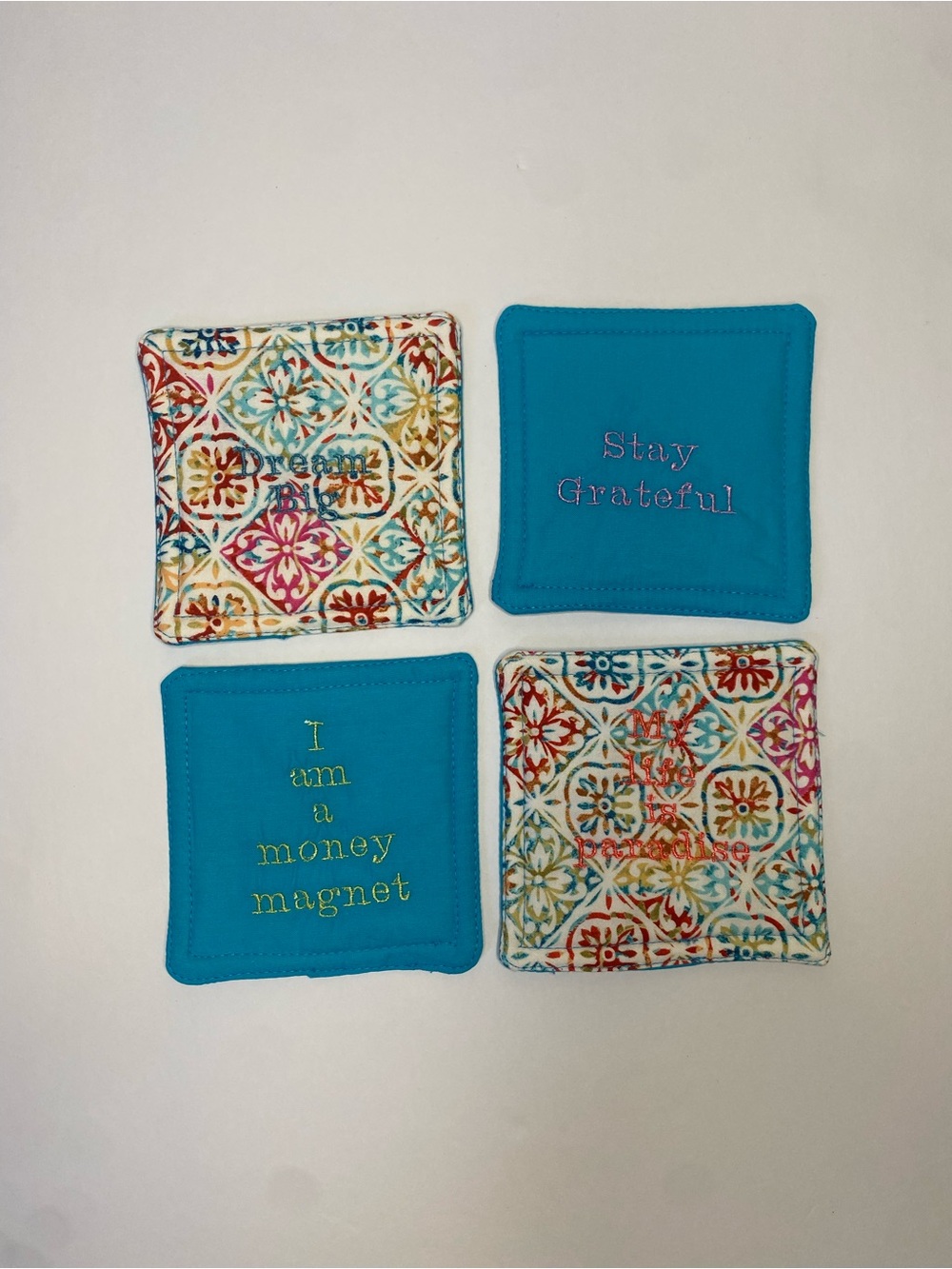 NWT - Handmade Embroidered Cotton Coasters Set of 4 Inspirational Sayings Gift